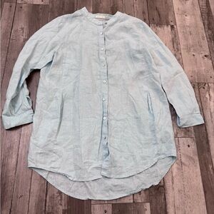 Eileen Fisher Blue Organic Linen Windowpane Button Up Lagenlook Neck Tunic READ